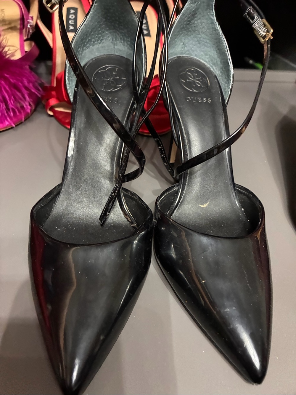 GUESS Black Patent Pointed-Toe Strappy Heels